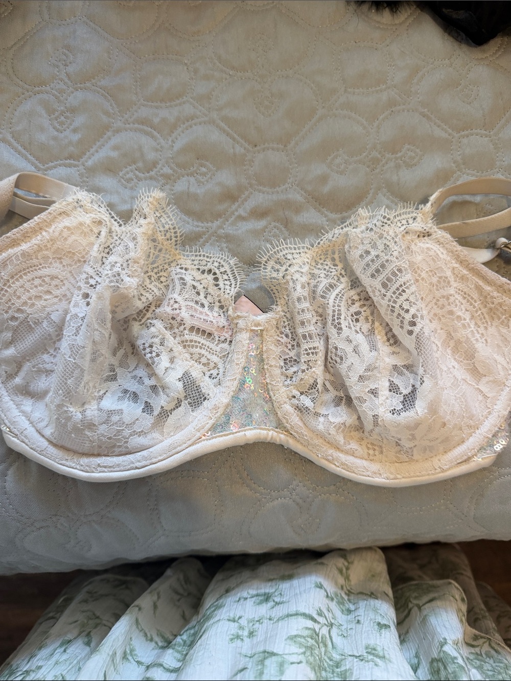 Victorias Secret Lace Underwire Bra in Ivory with irradecent sequin accents.
